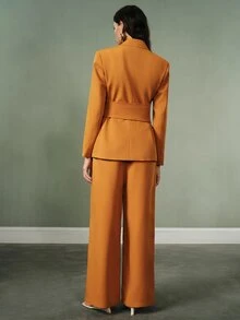 Aveloria Modichic Women's Suit Set Strong Shoulder Waist Wide Leg V-Neck Lapel Overlapping Buckle Cummerbund Side Buttons Modern Orange Solid Tailored Set Thanksgiving - Orange - View 3