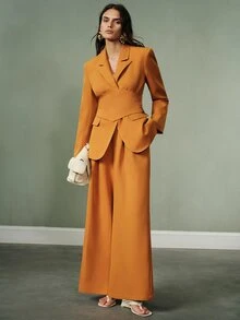 Aveloria Modichic Women's Suit Set Strong Shoulder Waist Wide Leg V-Neck Lapel Overlapping Buckle Cummerbund Side Buttons Modern Orange Solid Tailored Set Thanksgiving - Orange - View 7