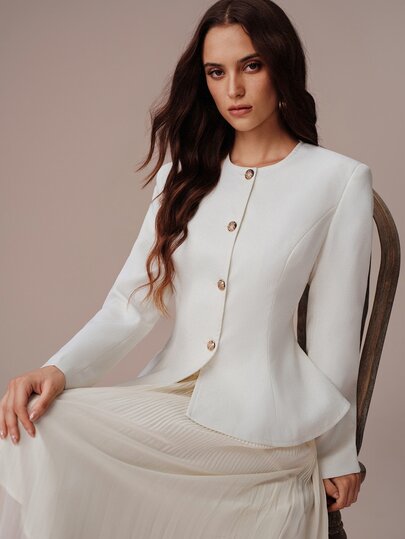 BELROSIE Women's Blazer Jacket Peplum Fit Textured Woven White And Gold Buttons Round Neck Long Sleeve Elegant Casual Plain Top New Year Office Business