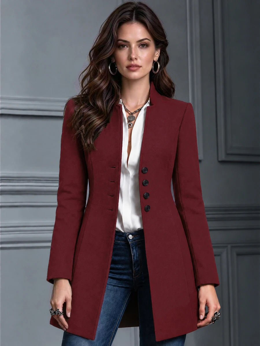 Omancia Women's Casual Holiday Valentine's Day Small Stand Collar Wool Blend Slim Fit Jacket - Burgundy - View 1