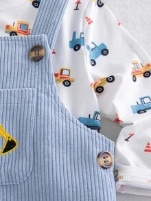 SHEIN 幼兒男嬰 T-shirt 連身褲套裝，可愛藍白條紋長袖圓領合身舒適，適合假日日常穿著，秋冬休閒柔軟舒適 - 藍色 - 查看 10