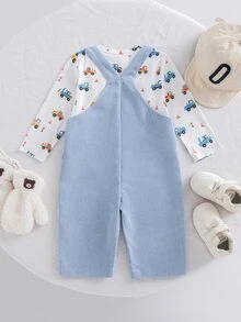 SHEIN 幼兒男嬰 T-shirt 連身褲套裝，可愛藍白條紋長袖圓領合身舒適，適合假日日常穿著，秋冬休閒柔軟舒適 - 藍色 - 查看 5