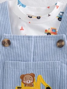 SHEIN 幼兒男嬰 T-shirt 連身褲套裝，可愛藍白條紋長袖圓領合身舒適，適合假日日常穿著，秋冬休閒柔軟舒適 - 藍色 - 查看 7