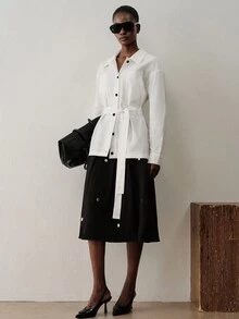 Aveloria Modichic Blouse Waisted Slim Fit Waist Tie Contrast Single Breasted Cargo Pockets Metal Buttons Commute French White Solid Women's Top Work Office Outfits - White - View 5
