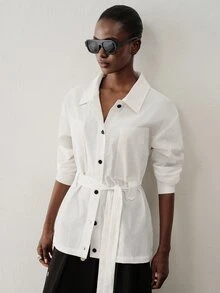 Aveloria Modichic Blouse Waisted Slim Fit Waist Tie Contrast Single Breasted Cargo Pockets Metal Buttons Commute French White Solid Women's Top Work Office Outfits - White - View 1
