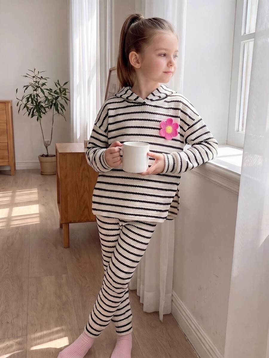Tween Girls Plaid Hooded 2Pcs Outfit, Long Sleeve Hoodie Elastic Pants Set, Casual Matching Suit For Fall 7th Birthday Matching Mommy Daughter White - Black and White - View 1