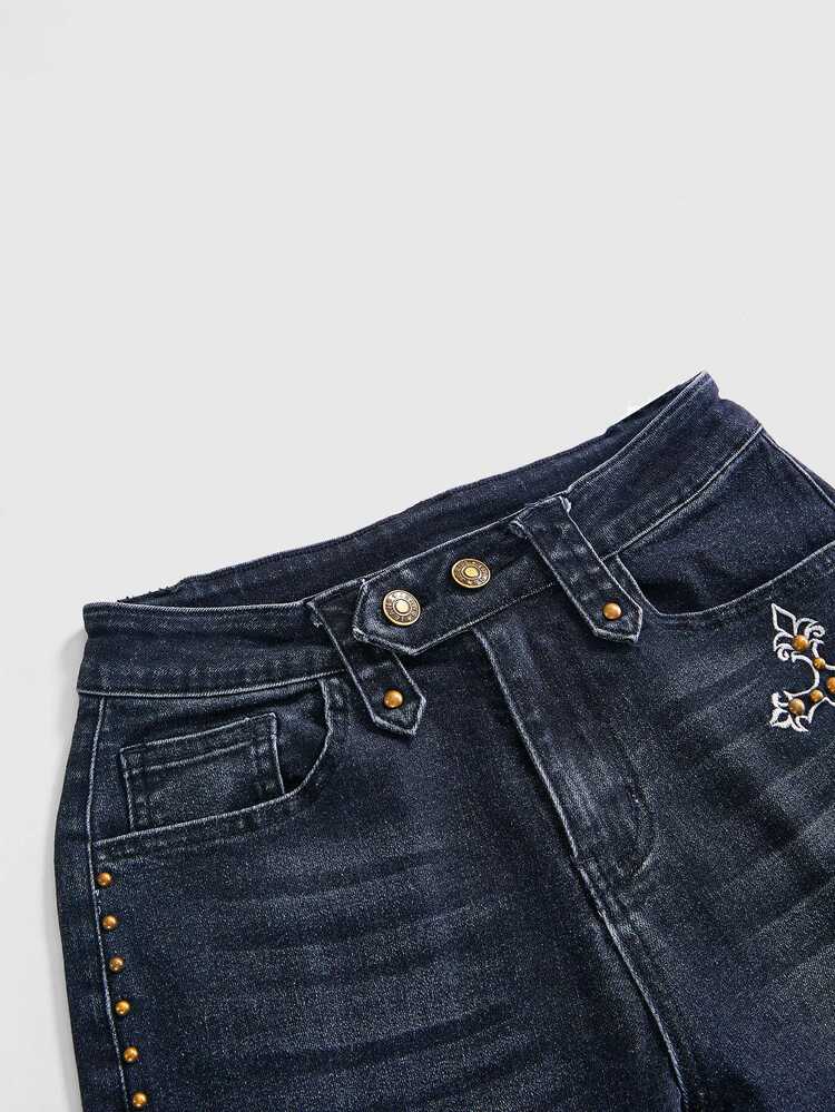 ROMWE Grunge Punk Vintage Hot Girl Fitted Low Waist Flare Stretch Wing Cross Embroidery Applique Women's Jeans - Dark Grey - View 10