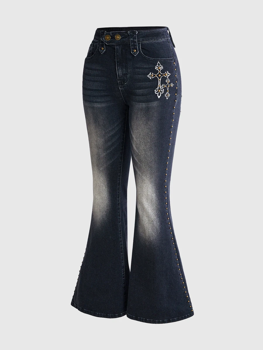 ROMWE Grunge Punk Vintage Hot Girl Fitted Low Waist Flare Stretch Wing Cross Embroidery Applique Women's Jeans - Dark Grey - View 1