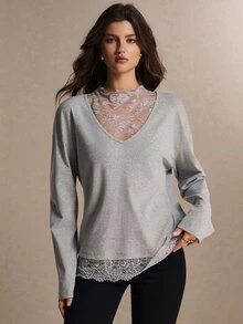 Poéselle Women's Contrast Lace 2-In-1 V-Neck Long-Sleeve Top, Loose-Fit Cotton-Blend Layering Blouse For Fall, Thanksgiving, Christmas Office Business Gray - Light Grey - View 6