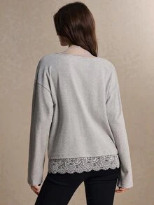 Poéselle Women's Contrast Lace 2-In-1 V-Neck Long-Sleeve Top, Loose-Fit Cotton-Blend Layering Blouse For Fall, Thanksgiving, Christmas Office Business Gray - Light Grey - View 7