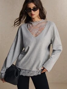 Poéselle Women's Contrast Lace 2-In-1 V-Neck Long-Sleeve Top, Loose-Fit Cotton-Blend Layering Blouse For Fall, Thanksgiving, Christmas Office Business Gray - Light Grey - View 5