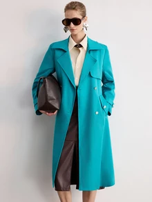 Aveloria Modichic 女款直筒長款雙排扣翻領肩章扣袖口現代風青藍色外套，秋季穿搭辦公優雅風 - 水鴨藍 - 查看 1