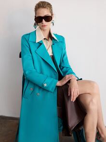 Aveloria Modichic 女款直筒長款雙排扣翻領肩章扣袖口現代風青藍色外套，秋季穿搭辦公優雅風 - 水鴨藍 - 查看 5