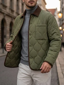 DAZY Patchwork Army Green Quilted Textured Men's Padded Coat Jacket Winter - Army Green - View 1