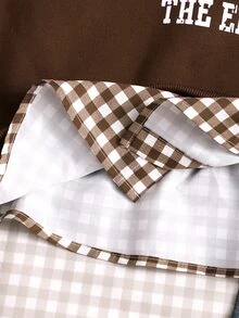SHEIN 青少年女孩秋冬復古字母印花二合一衛衣，時尚格紋襯衫領與下擺設計，長袖寬鬆休閒返校穿搭套頭衫 - 棕色 - 查看 5