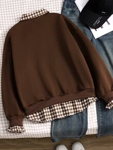 SHEIN 青少年女孩秋冬復古字母印花二合一衛衣，時尚格紋襯衫領與下擺設計，長袖寬鬆休閒返校穿搭套頭衫 - 棕色 - 查看 2