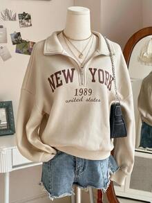 SHEIN Sweetra Young Tween Girls Fleece Fall Clothes Casual Minimalist Zip-Up Drop Shoulder Sweatshirt, Autumn Fall Winter, Warm, Outfit, Comfortable, Daily, Long Sleeve - Apricot - View 1
