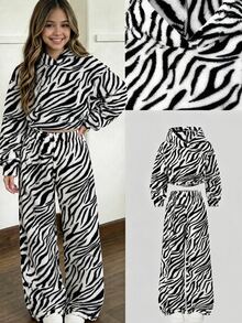 SHEIN Tween Girls Zebra Stripe Fluffy Fleece Hoodie And Wide Leg Pants Set, Cozy Thick Warm Long Sleeve 2 Pieces Outfits For Fall Winter Outdoor - Black - View 3