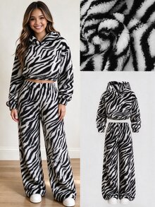 SHEIN Tween Girls Zebra Stripe Fluffy Fleece Hoodie And Wide Leg Pants Set, Cozy Thick Warm Long Sleeve 2 Pieces Outfits For Fall Winter Outdoor - Black - View 1
