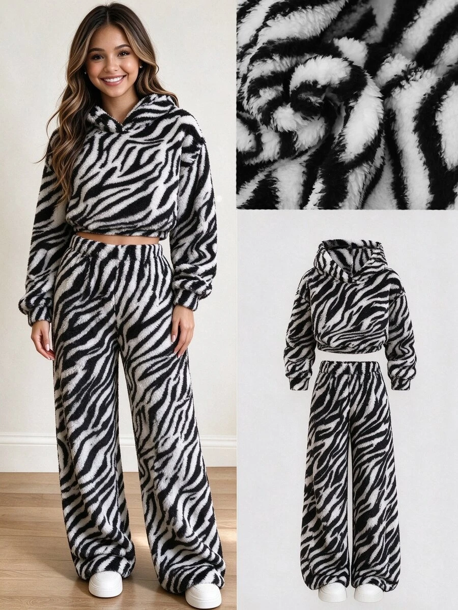 SHEIN Tween Girls Zebra Stripe Fluffy Fleece Hoodie And Wide Leg Pants Set, Cozy Thick Warm Long Sleeve 2 Pieces Outfits For Fall Winter Outdoor - Black - View 1