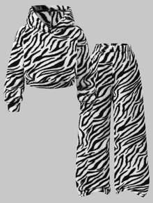 SHEIN Tween Girls Zebra Stripe Fluffy Fleece Hoodie And Wide Leg Pants Set, Cozy Thick Warm Long Sleeve 2 Pieces Outfits For Fall Winter Outdoor - Black - View 4