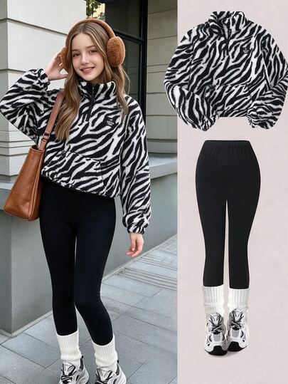 SHEIN ChillGRL Tween Girls Zebra Stripe Fleece 2pcs Set, Casual Half Zip Sweatshirt Top & Black Leggings Outfit, Streetwear Fall Winter Cozy Clothes For Tween Girls