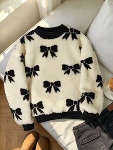 SHEIN 少女可愛蝴蝶結圖案柔軟蓬鬆抓絨衛衣，厚實保暖落肩長袖套頭上衣，適合秋冬返校休閒穿搭 - 黑色 - 查看 3