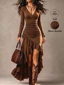LUMIGAL Women's V-Neck Pleated Long Sleeve Cinched Waist Asymmetrical Hem Ruffle Mid-Length Dress, Coffee Brown, Western Casual Concert Halloween Date Fall - Brown - View 3