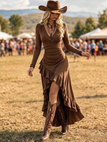 LUMIGAL Women's V-Neck Pleated Long Sleeve Cinched Waist Asymmetrical Hem Ruffle Mid-Length Dress, Coffee Brown, Western Casual Concert Halloween Date Fall - Brown - View 4
