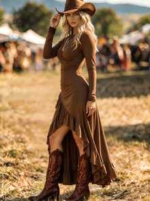 LUMIGAL Women's V-Neck Pleated Long Sleeve Cinched Waist Asymmetrical Hem Ruffle Mid-Length Dress, Coffee Brown, Western Casual Concert Halloween Date Fall - Brown - View 7