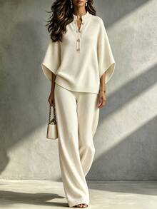 LUMIGAL Women's Solid Color Button Half-Placket 3/4 Sleeve Sweater And Knit Pants 2 Pieces Set - Khaki - View 4