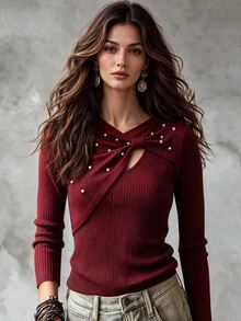 LUMIGAL Women's Y2K Fashion Early Autumn New Burgundy Asymmetrical Beaded Design Knit Long Sleeve T-Shirt, Versatile - Burgundy - View 2