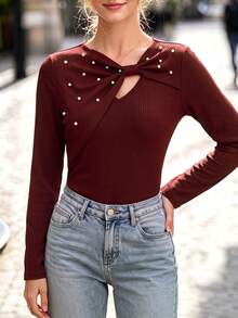 LUMIGAL Women's Y2K Fashion Early Autumn New Burgundy Asymmetrical Beaded Design Knit Long Sleeve T-Shirt, Versatile - Burgundy - View 6
