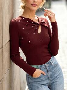 LUMIGAL Women's Y2K Fashion Early Autumn New Burgundy Asymmetrical Beaded Design Knit Long Sleeve T-Shirt, Versatile - Burgundy - View 9