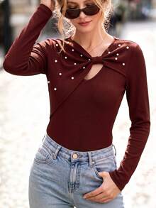 LUMIGAL Women's Y2K Fashion Early Autumn New Burgundy Asymmetrical Beaded Design Knit Long Sleeve T-Shirt, Versatile - Burgundy - View 8