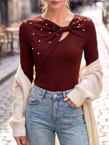 LUMIGAL Women's Y2K Fashion Early Autumn New Burgundy Asymmetrical Beaded Design Knit Long Sleeve T-Shirt, Versatile - Burgundy - View 5