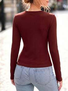 LUMIGAL Women's Y2K Fashion Early Autumn New Burgundy Asymmetrical Beaded Design Knit Long Sleeve T-Shirt, Versatile - Burgundy - View 3
