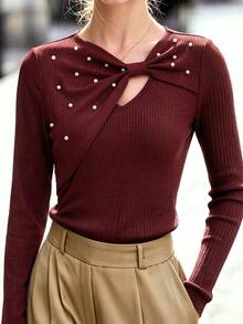 LUMIGAL Women's Y2K Fashion Early Autumn New Burgundy Asymmetrical Beaded Design Knit Long Sleeve T-Shirt, Versatile - Burgundy - View 10