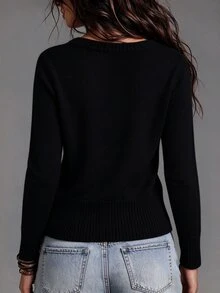 LUMIGAL 女款純色長袖拿破崙領休閒商務休閒針織開襟衫 辦公室穿搭 黑色 秋季 - 黑色 - 查看 2