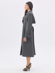 KÆRIA Hus Belted Storm-Flap Trench Coat - Fluid Tailoring - Charcoal - Longline, Notched Lapels, Self-Tie Belt - Dark Grey - View 3