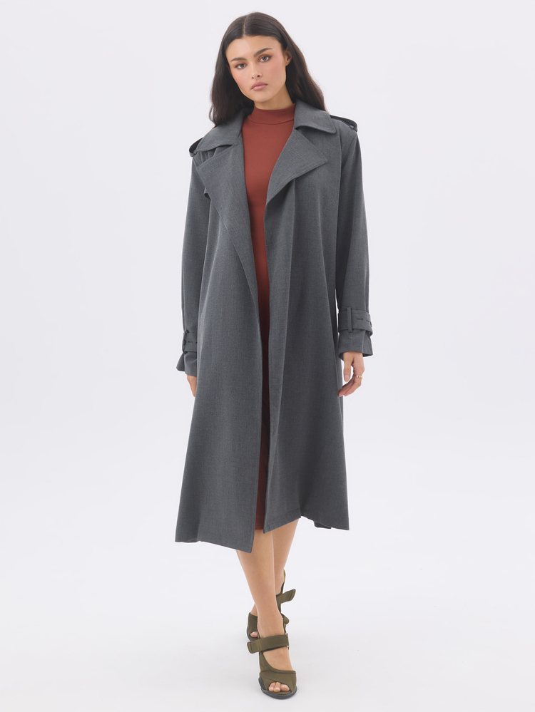 KÆRIA Hus Belted Storm-Flap Trench Coat - Fluid Tailoring - Charcoal - Longline, Notched Lapels, Self-Tie Belt - Dark Grey - View 4