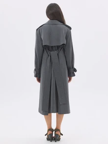 KÆRIA Hus Belted Storm-Flap Trench Coat - Fluid Tailoring - Charcoal - Longline, Notched Lapels, Self-Tie Belt - Dark Grey - View 2