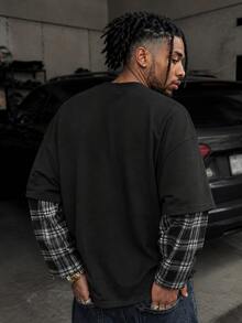 GETOML Men's Casual Commute Street Plaid Patchwork Mock Layered Patchwork Contrast Color 2 In 1 T-Shirt Autumn City Break , Street T-Shirt, Long Sleeve Top, Football - Black - View 2
