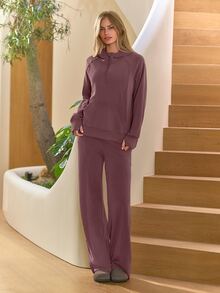 GLOWMODE SoftCalm Modal Off-Duty Quarter-Zip Hoodie Silk Touch Oversized Long Sleeve Sweatshirt Autumn Winter Daily Wear - Purple - View 7