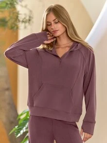GLOWMODE SoftCalm Modal Off-Duty Quarter-Zip Hoodie Silk Touch Oversized Long Sleeve Sweatshirt Autumn Winter Daily Wear - Purple - View 1