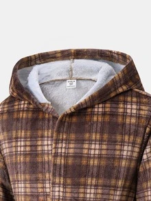 SHEIN 兒童青少年男孩休閒秋冬款毛絨格子字母連帽居家服浴袍睡衣，柔軟親膚法蘭絨 - 彩色 - 查看 6