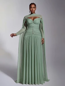 Elitara Plus Size Elegant Romantic Luxury Stretch Knit Cold Shoulder Off-Shoulder Ruched Fabric Rhinestone Embellished Shawl-Accented Bodycon A-Line Long Dress For Holiday Celebration Wedding Guest Ball Concert Business Banquet Party Women's Heavy Work Evening Gown - Green - View 7