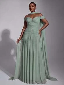 Elitara Plus Size Elegant Romantic Luxury Stretch Knit Cold Shoulder Off-Shoulder Ruched Fabric Rhinestone Embellished Shawl-Accented Bodycon A-Line Long Dress For Holiday Celebration Wedding Guest Ball Concert Business Banquet Party Women's Heavy Work Evening Gown - Green - View 1
