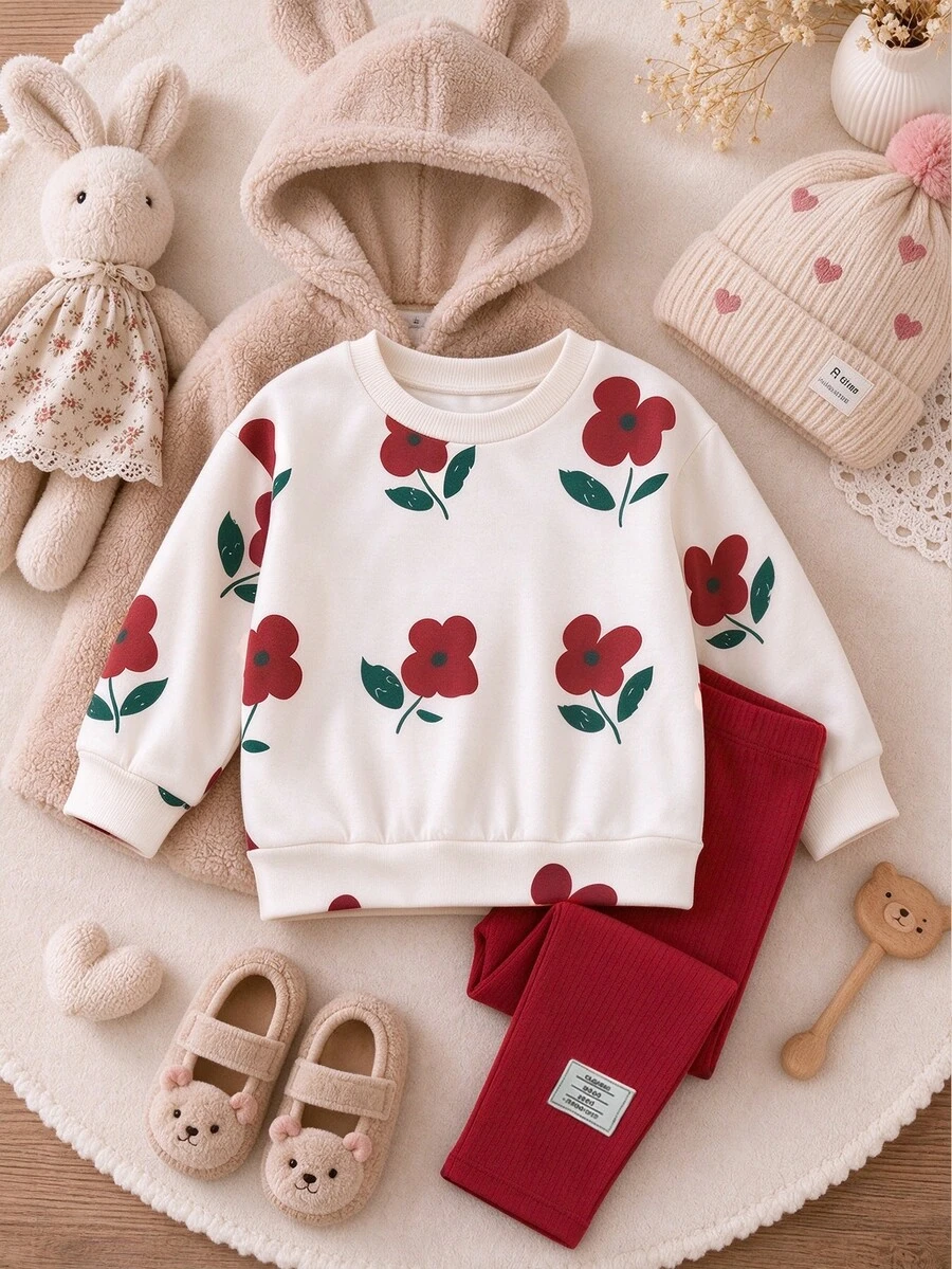 SHEIN طقم ملابس للبنات الصغيرات للخريف بطبعة زهور، سويتشيرت بياقة دائرية مضلع وسروال ضيق مضلع باللون الأبيض والأحمر البرغندي، كاواي لطيف، مناسب لتصوير عائلي متناسق