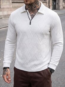 Manfinity CasualCool 男士夏季提花紋理撞色半拉鍊 Polo 衫，休閒極簡都市成熟英倫紳士風，商務休閒 - 白色 - 查看 3
